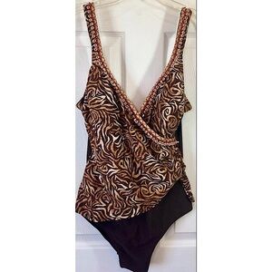 Vintage CHRISTINA Tiki Animal Print One Piece Swimsuit Wooden Beads-Sz 10